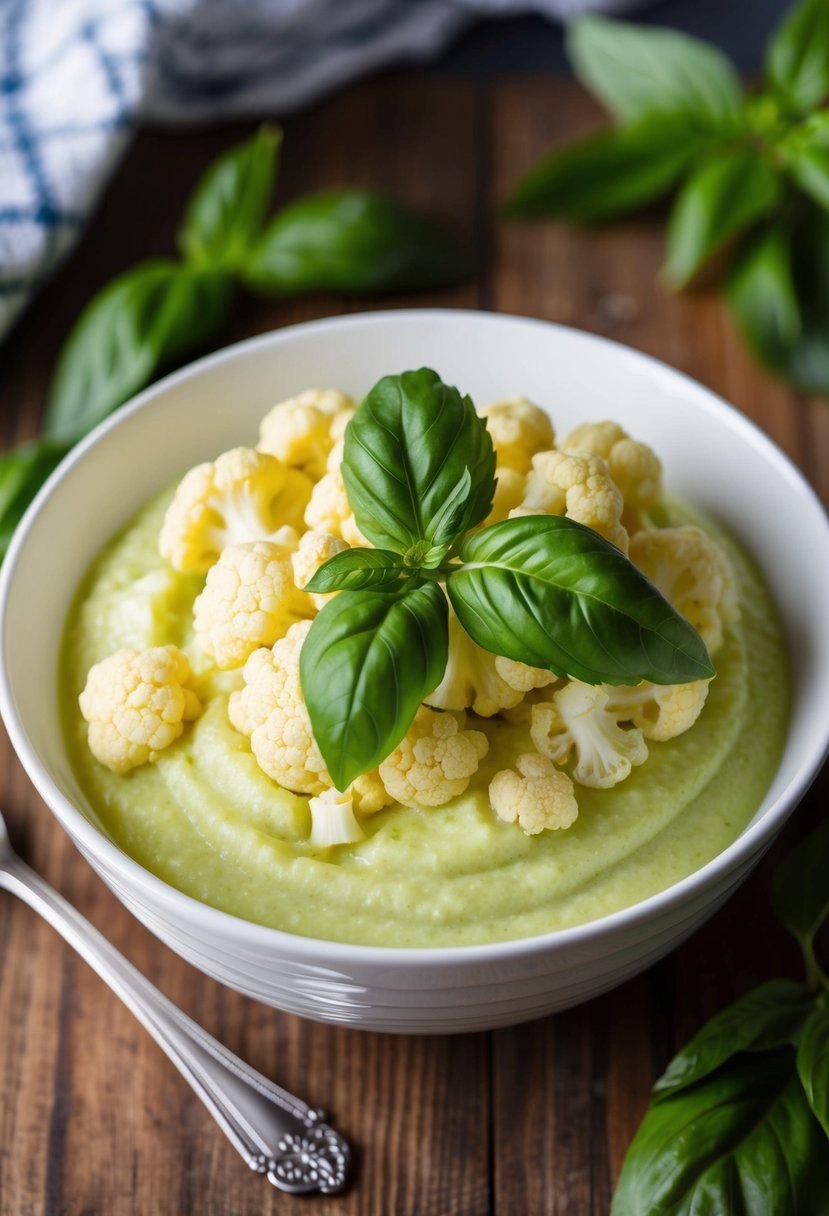 A bowl of vibrant green cauliflower puree topped with fresh basil leaves