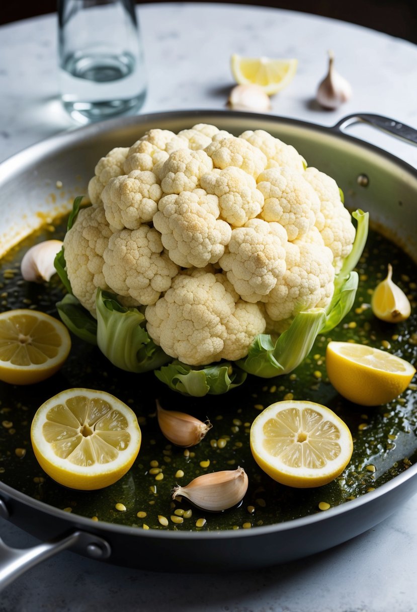 A whole green cauliflower surrounded by garlic cloves and lemon slices on a roasting pan