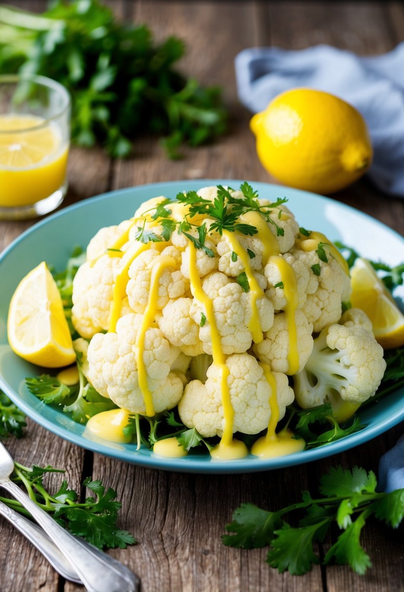 A vibrant green cauliflower salad sits on a rustic wooden table, drizzled with a zesty lemon dressing and garnished with fresh herbs