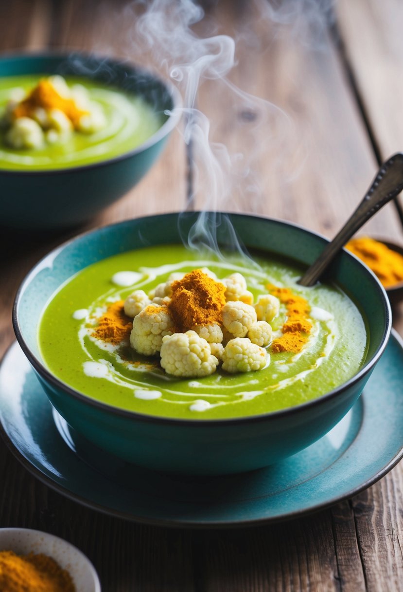 A steaming bowl of vibrant green cauliflower soup, garnished with a sprinkle of golden turmeric, sits on a rustic wooden table