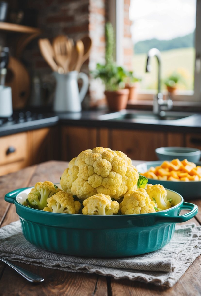 A rustic kitchen table with a colorful baked green cauliflower and cheese dish as the focal point