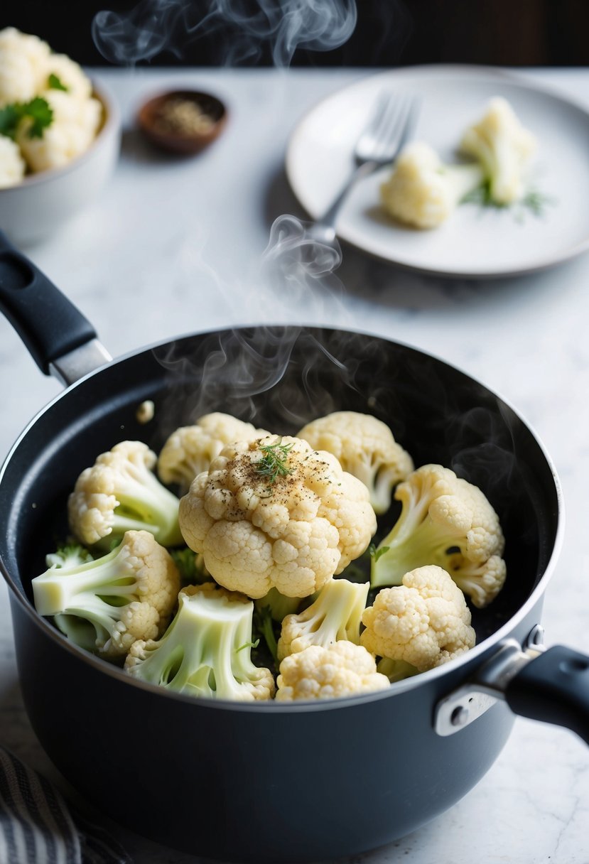 A pot of steaming cauliflower florets with a sprinkle of herbs and spices