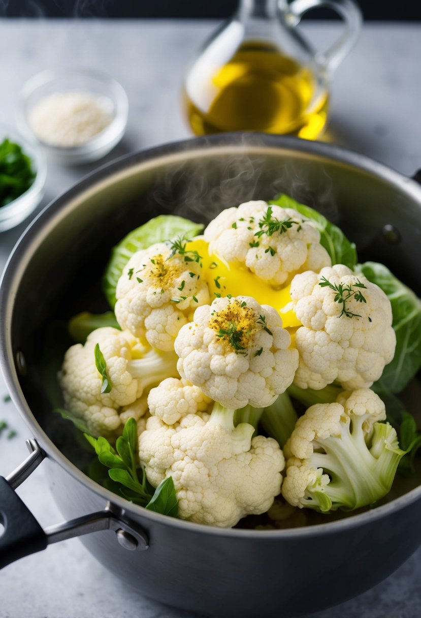 Fresh cauliflower head drizzled with olive oil and sprinkled with herbs, steaming in a pot