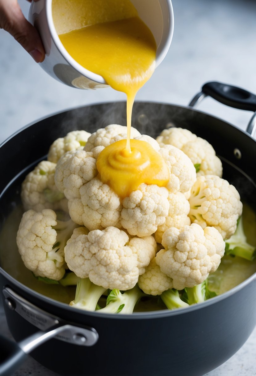 A head of cauliflower being steamed in a pot with a parmesan garlic sauce being drizzled over it