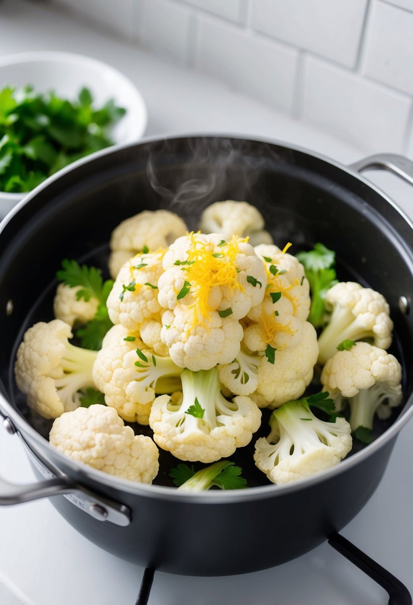 Fresh cauliflower florets topped with lemon zest and chopped parsley, steaming in a pot on a stove