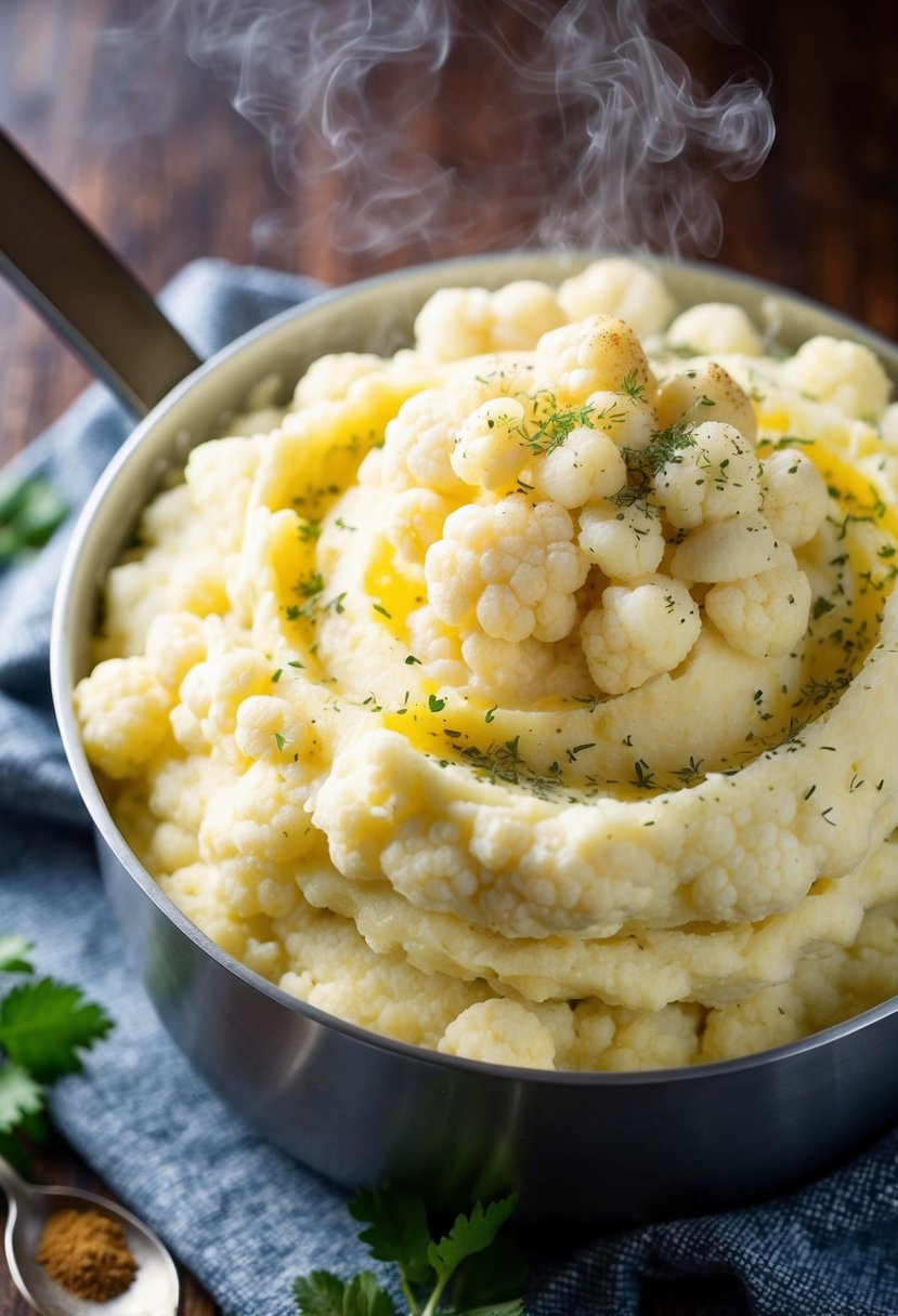 A steaming pot of mashed cauliflower with a sprinkle of herbs and spices