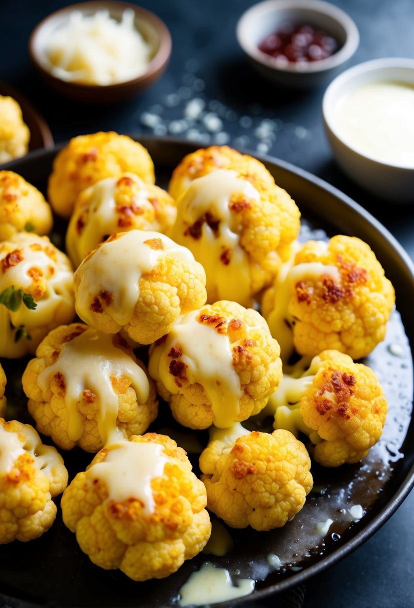 Golden cauliflower balls surrounded by melted cheese on a steaming platter