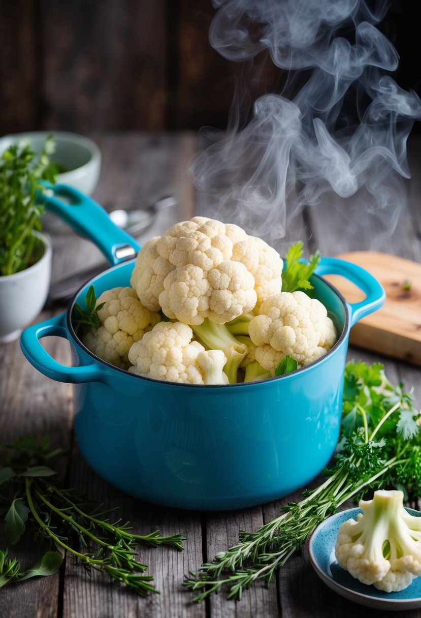 A pot of steamed cauliflower surrounded by fresh herbs and aromatic steam