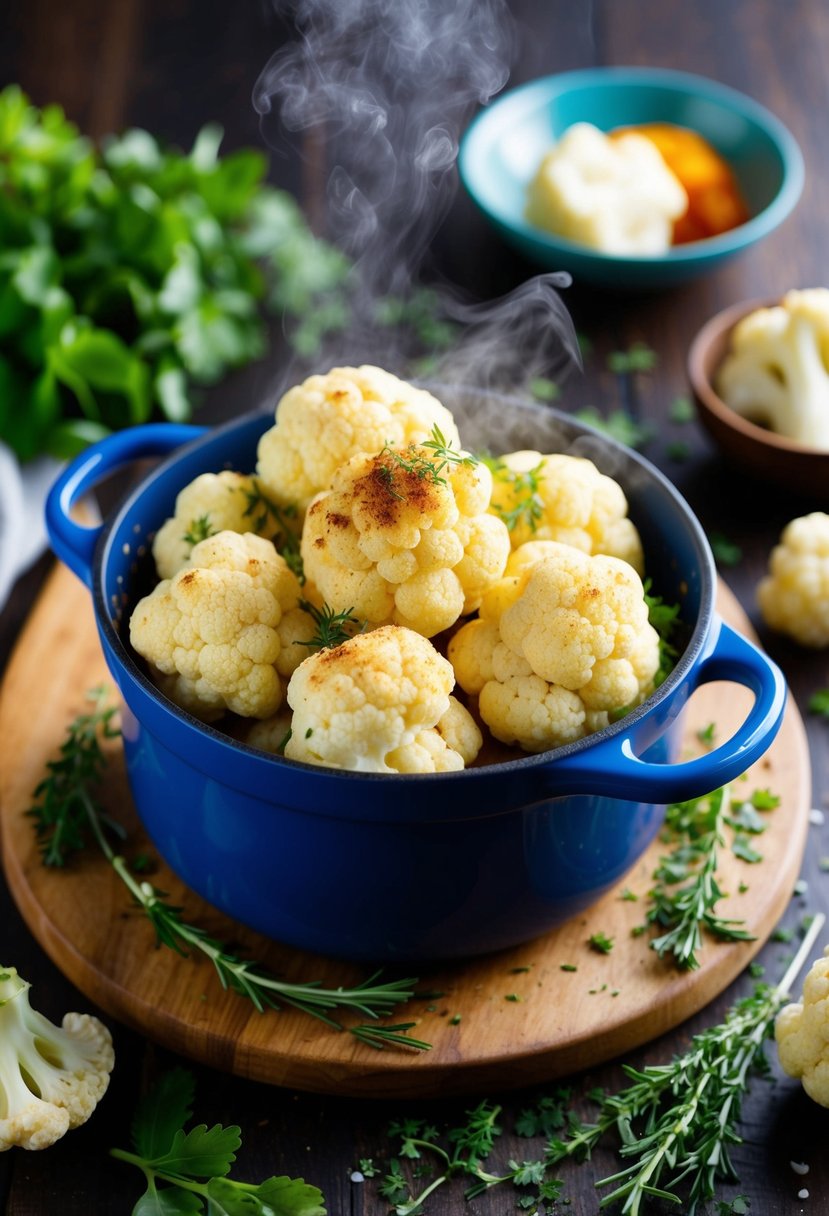 A steaming pot of cauliflower bites, surrounded by fresh herbs and spices, ready to be served as a quick and healthy snack