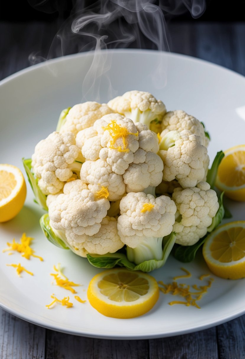 Fresh cauliflower surrounded by scattered lemon zest, steaming on a white plate