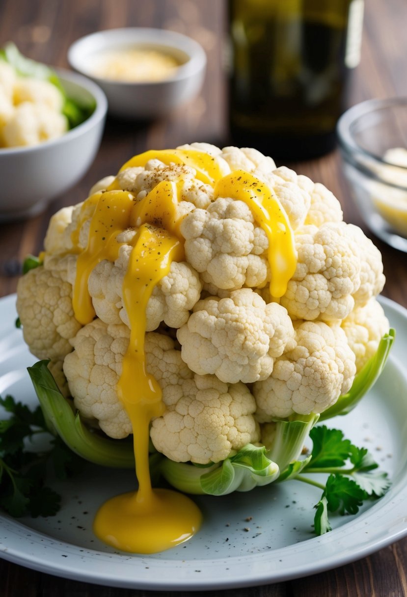 A head of cauliflower, steamed and drizzled with melted butter and sprinkled with seasoning, sits on a plate