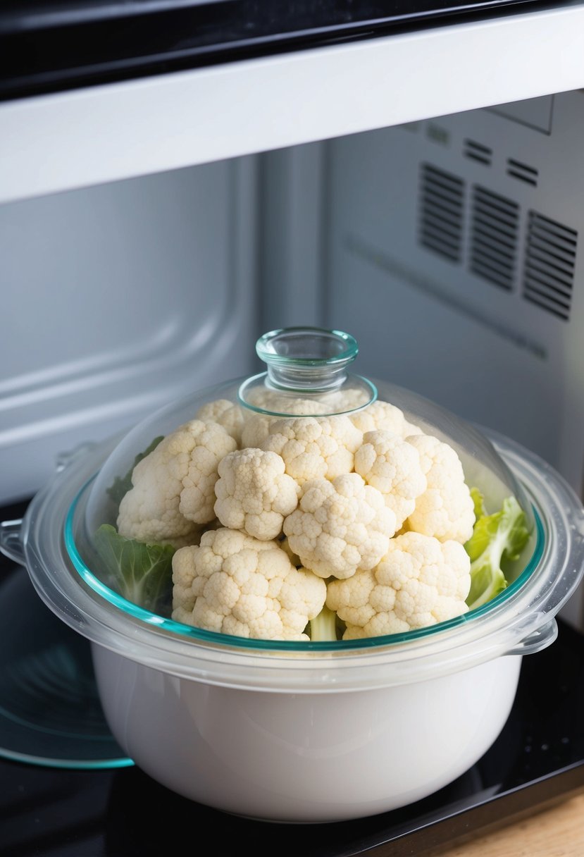 A head of cauliflower sits in a microwave-safe dish, covered with a vented lid. The microwave is set to cook the cauliflower until it is tender