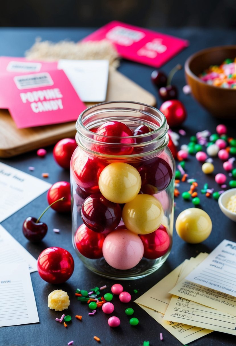 A glass jar filled with cherry bombs and popping candy, surrounded by scattered recipe cards and ingredients