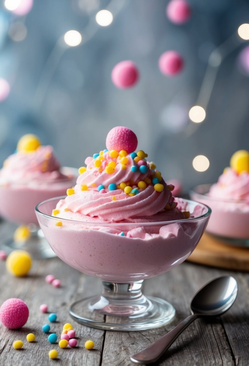 A glass bowl filled with fluffy pink mousse topped with popping candy. A spoon rests on the side