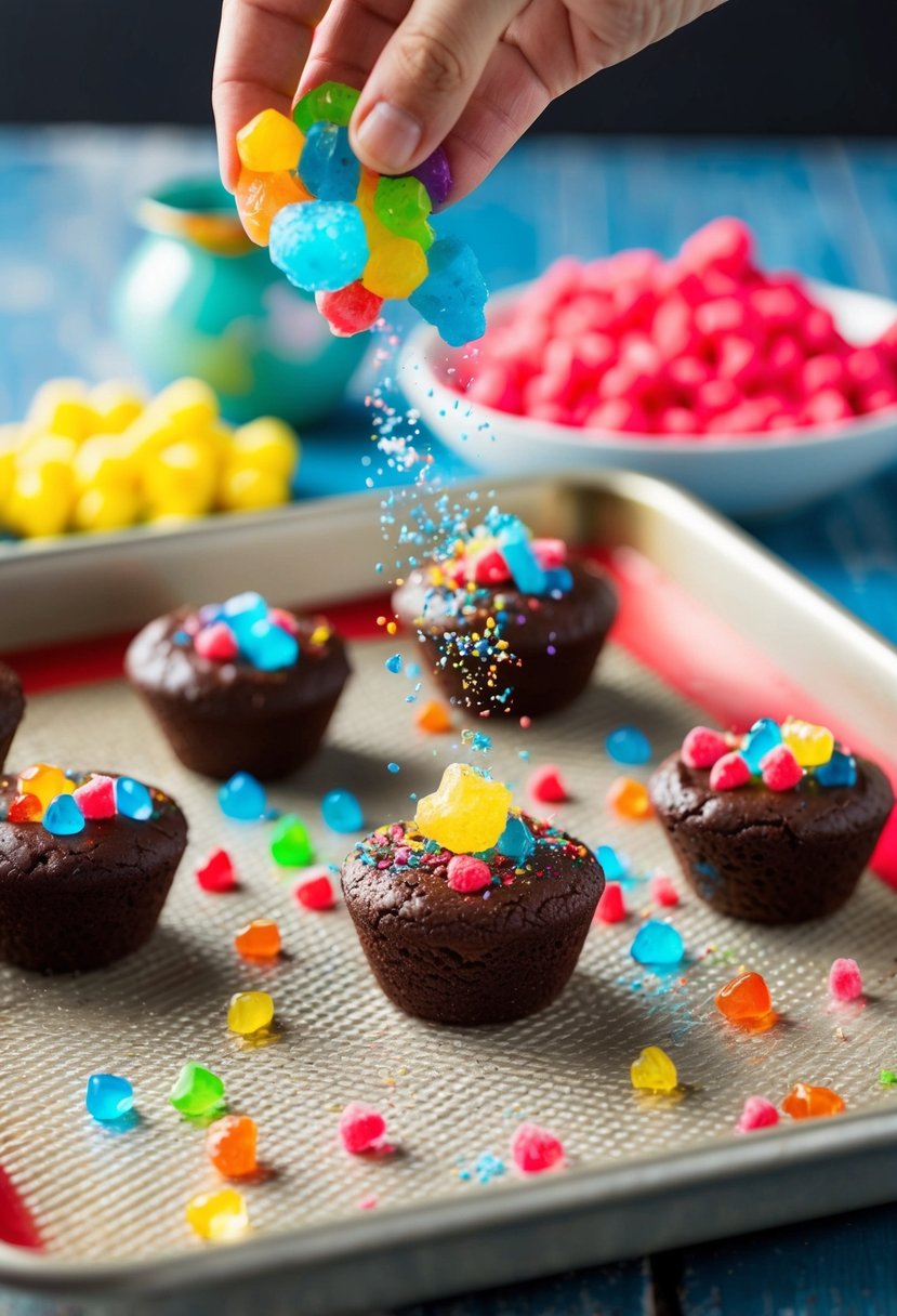 Pop Rocks Brownie Bites being sprinkled with colorful pop rocks on a baking tray