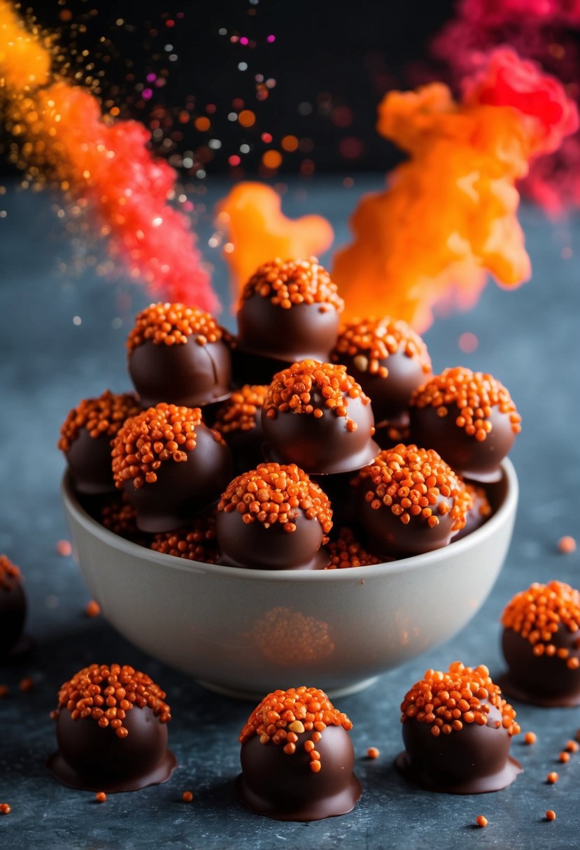 A bowl of chocolate truffles coated in popping candy, with a fiery explosion of red and orange colors