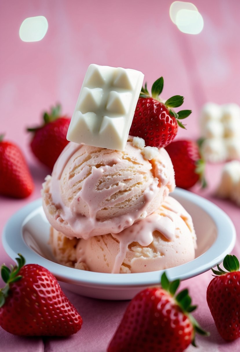 A scoop of strawberry ice cream topped with white chocolate Pop Rocks