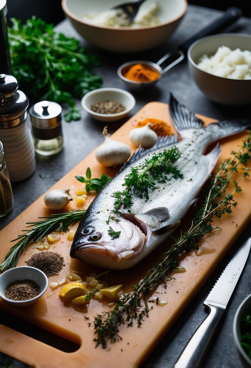 A halibut fish being prepared with fresh herbs and spices on a cutting board, surrounded by various cooking utensils and ingredients