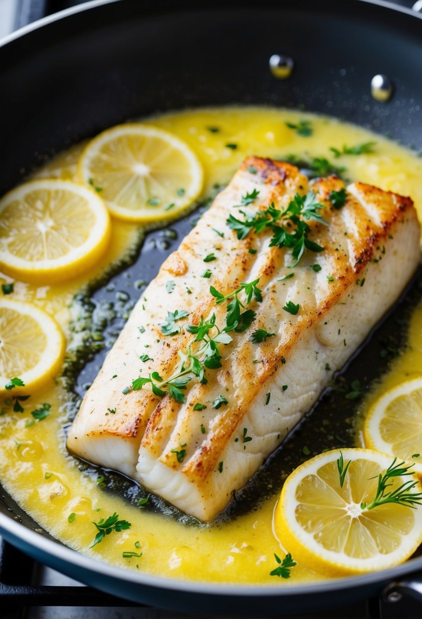 A sizzling halibut fillet searing in a hot pan, surrounded by bubbling lemon butter sauce and garnished with fresh herbs