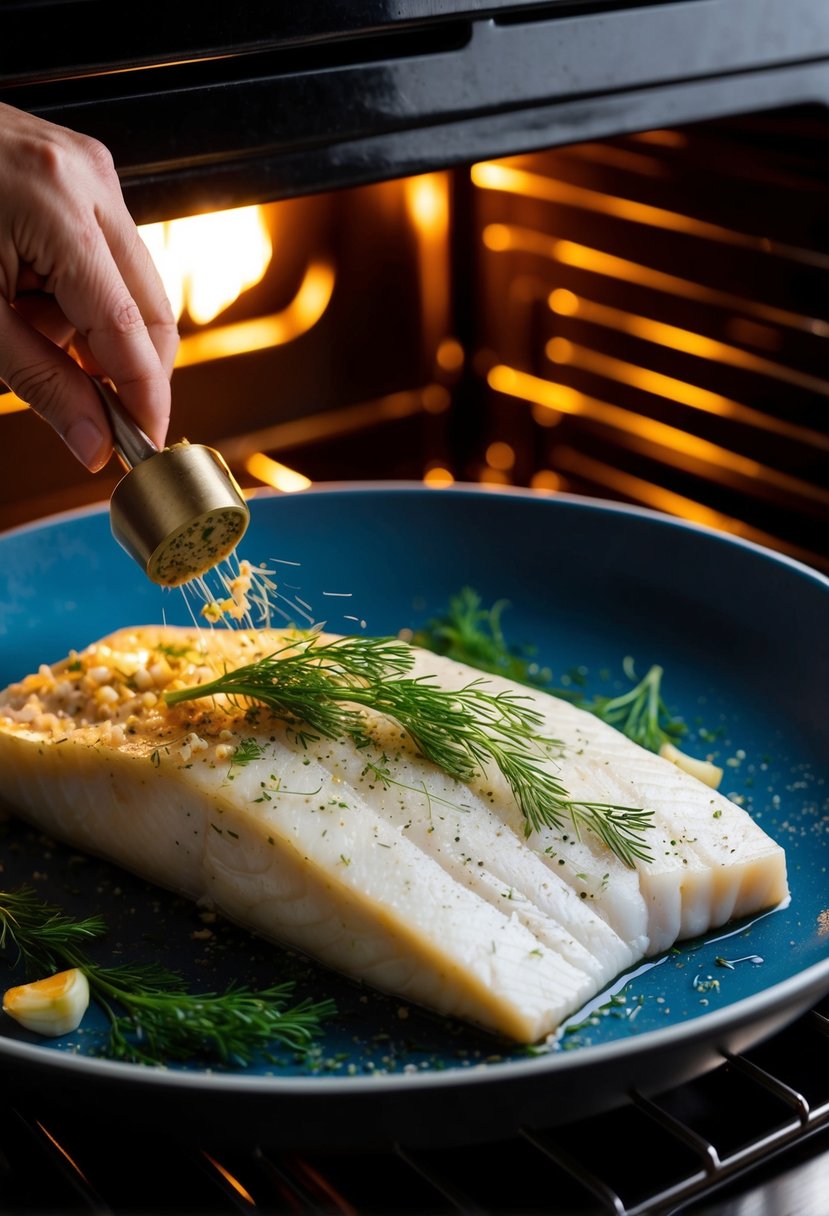 A halibut fillet is being seasoned with dill and garlic before being placed in the oven to bake