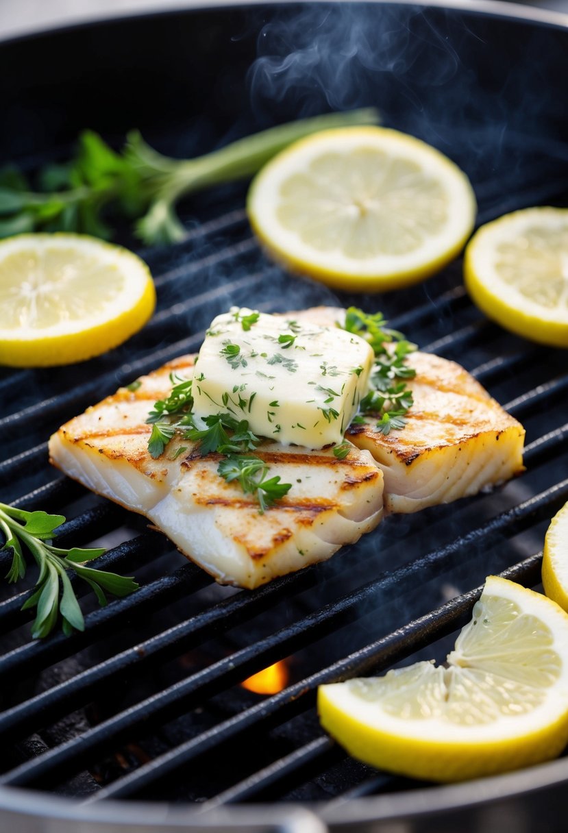 A halibut fillet sizzling on a grill, topped with herb-infused butter and surrounded by fresh herbs and lemon slices