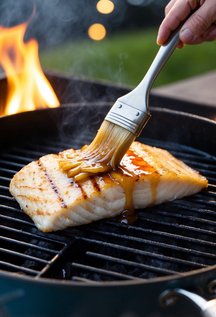 A halibut fillet being brushed with a sticky honey-soy glaze before being grilled over an open flame