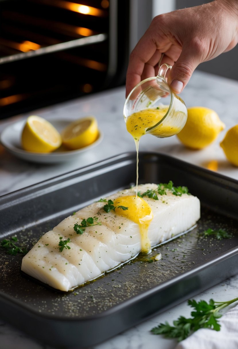 A halibut fillet being seasoned and drizzled with herby lemon butter before being placed in the oven