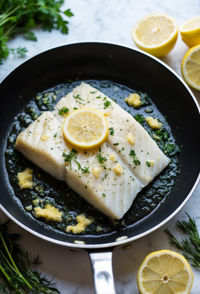 A halibut fillet sizzling in a pan with garlic butter, surrounded by fresh herbs and lemon slices