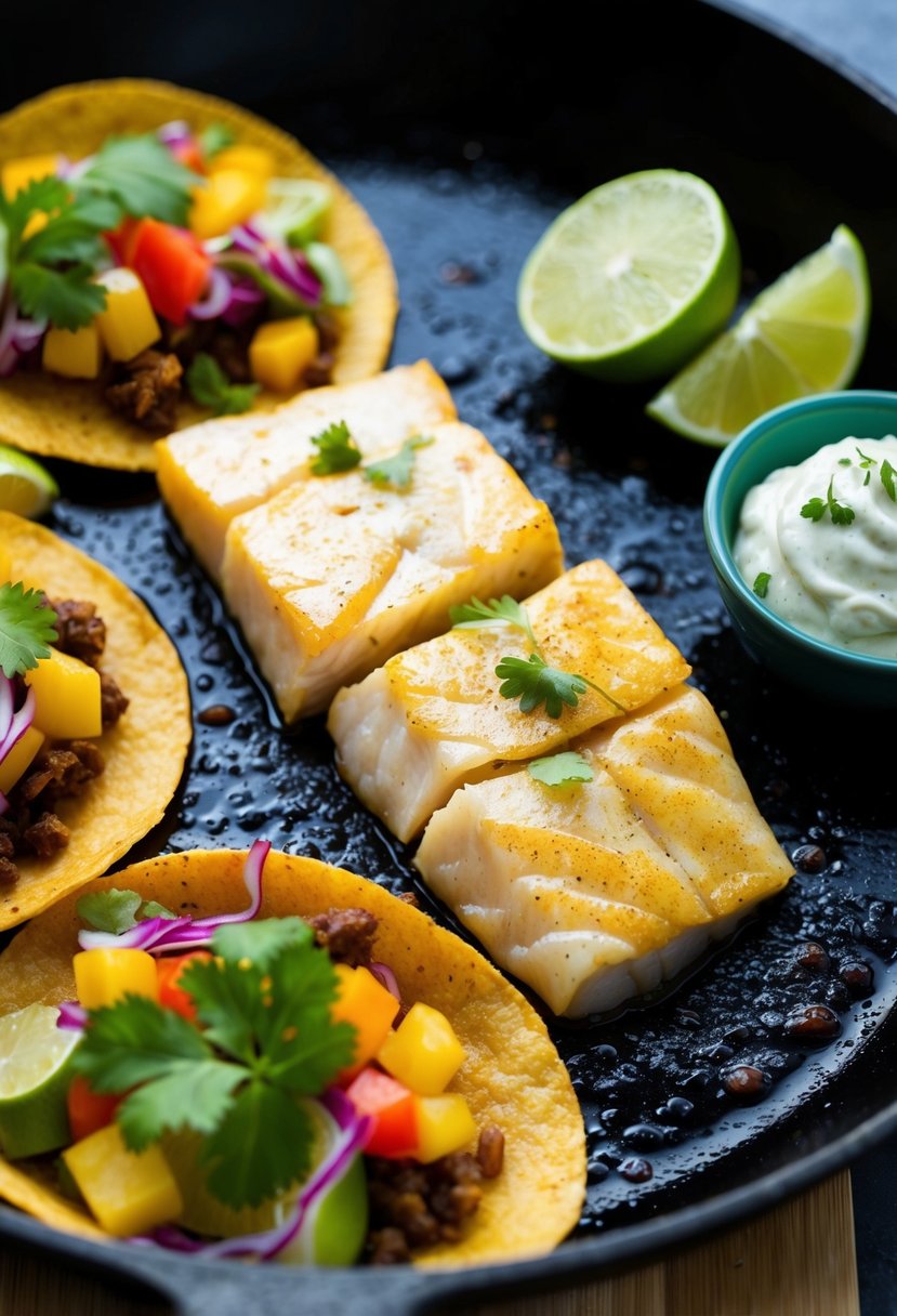 Golden halibut fillets sizzling in a skillet, surrounded by colorful taco fixings and a dollop of zesty lime crema