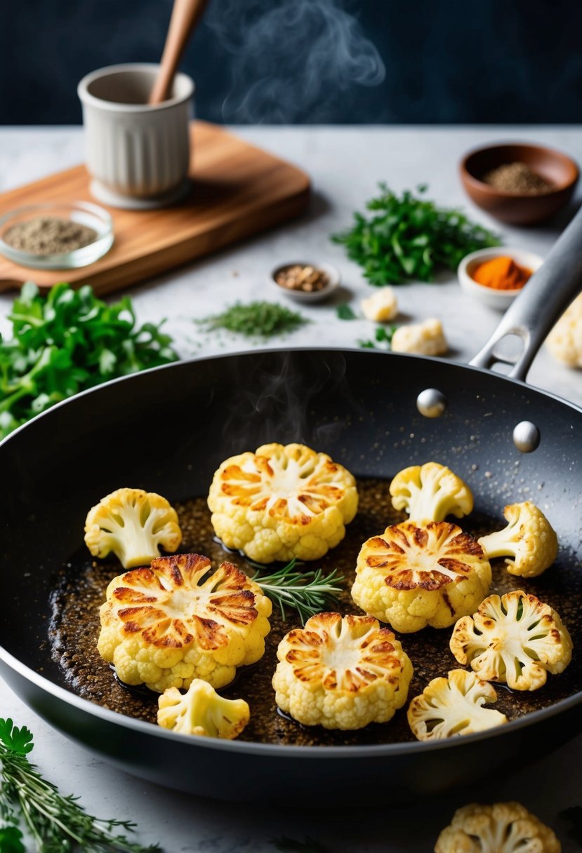 A sizzling hot pan with golden brown cauliflower steaks, surrounded by fresh herbs and spices