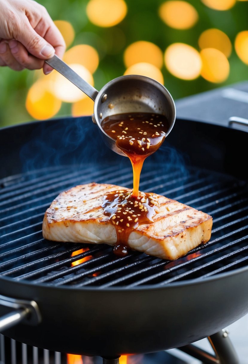 A halibut steak being glazed with teriyaki sauce on a sizzling grill