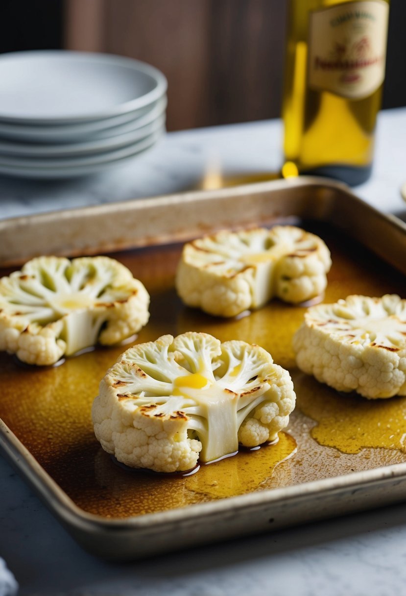 Cauliflower steaks sizzling in olive oil atop a baking sheet