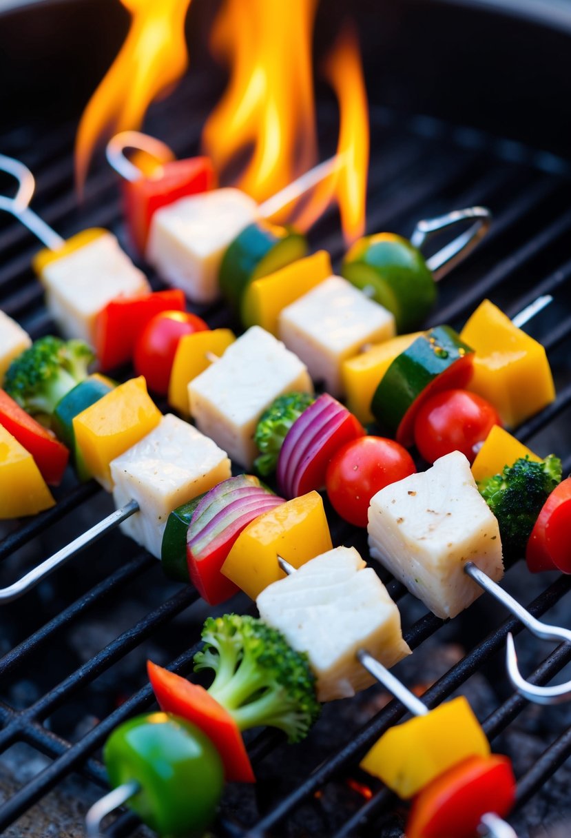 Fresh halibut chunks and colorful vegetables skewered on metal sticks, ready to be grilled over an open flame