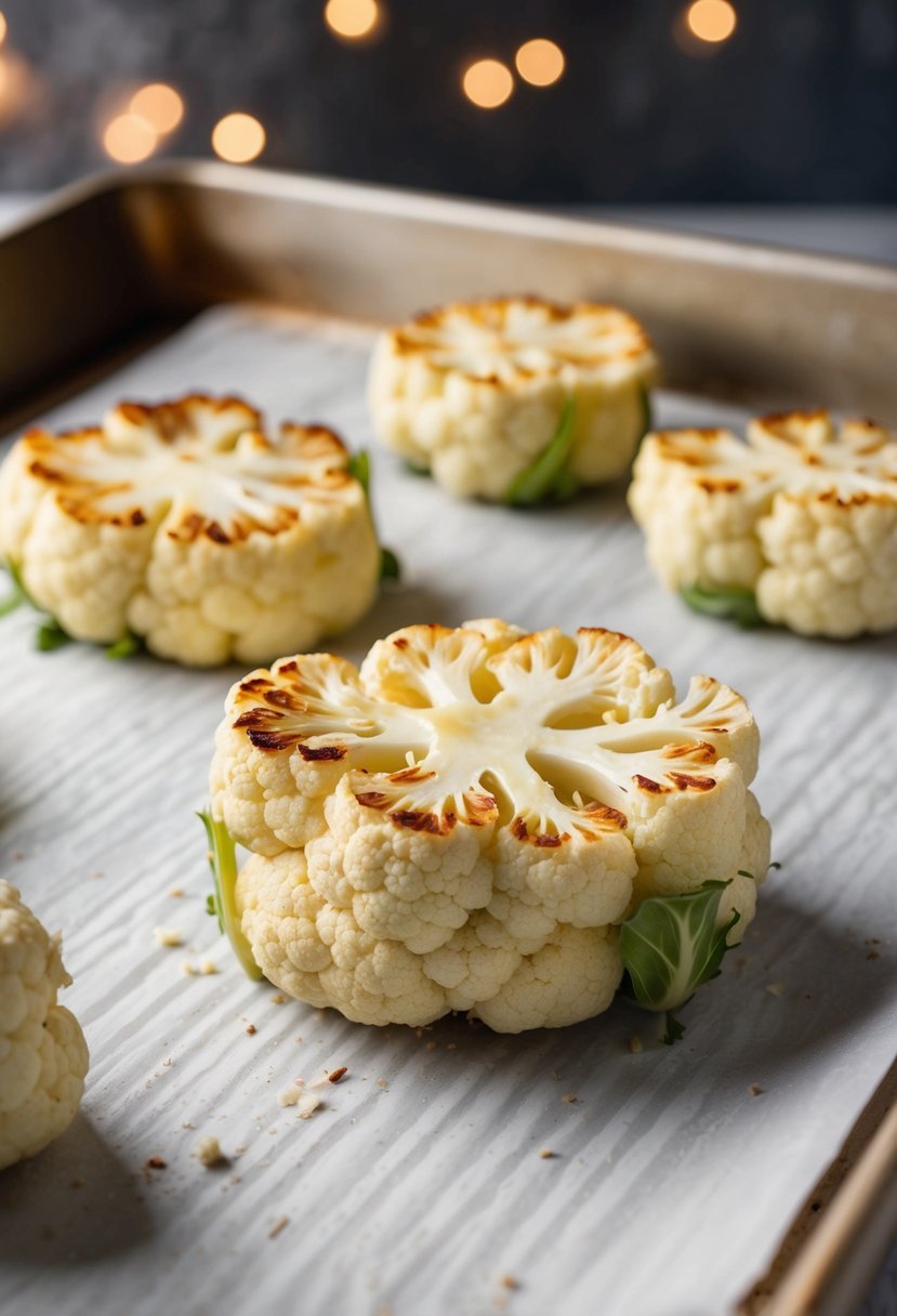 A cauliflower steak being flipped on a baking sheet