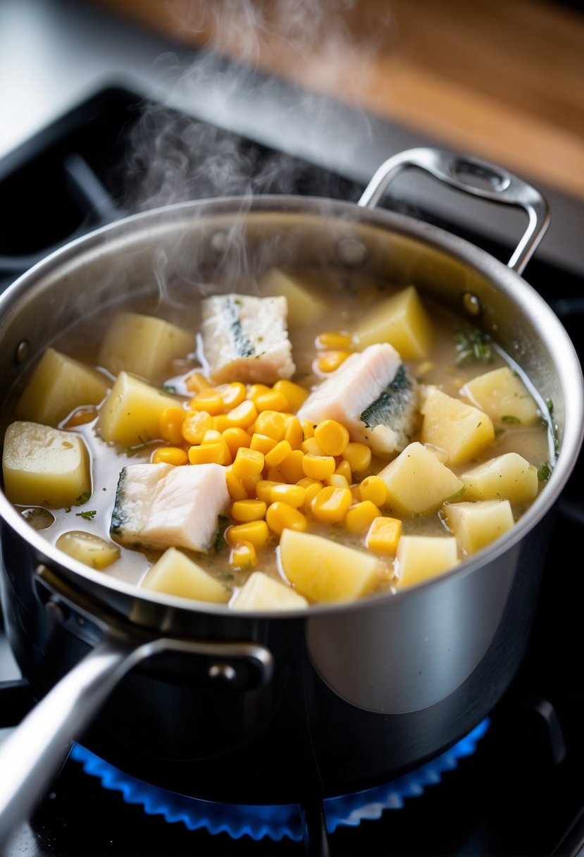 A steaming pot of halibut chowder simmers on the stove, filled with chunks of tender fish, diced potatoes, and golden kernels of corn