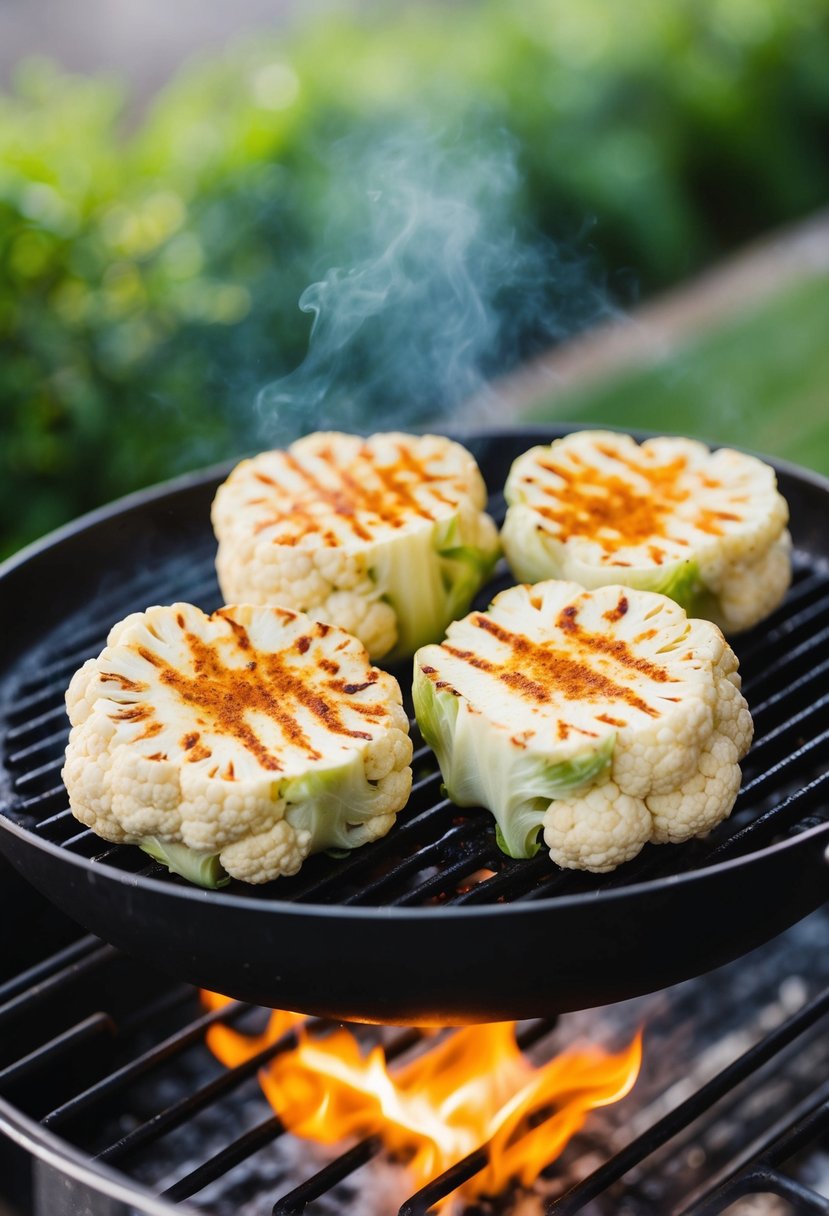 Cauliflower steaks sizzling on a grill with a sprinkle of smoked paprika for a smoky flavor