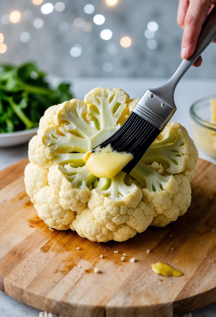 A cauliflower steak being brushed with garlic butter