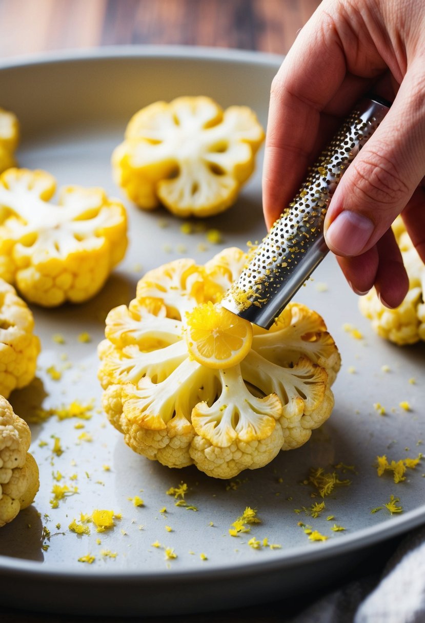 A hand grates lemon zest over golden roasted cauliflower steaks