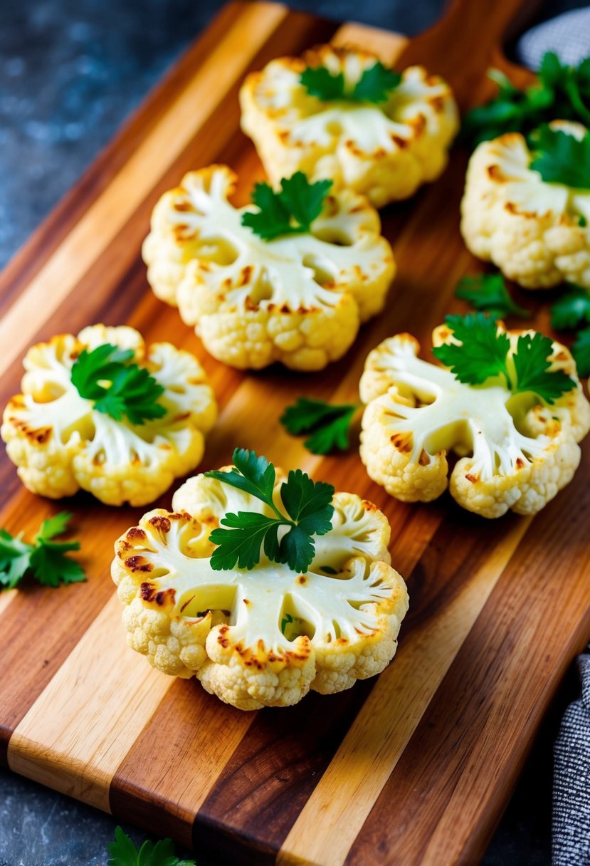 A wooden cutting board with roasted cauliflower steaks topped with fresh parsley