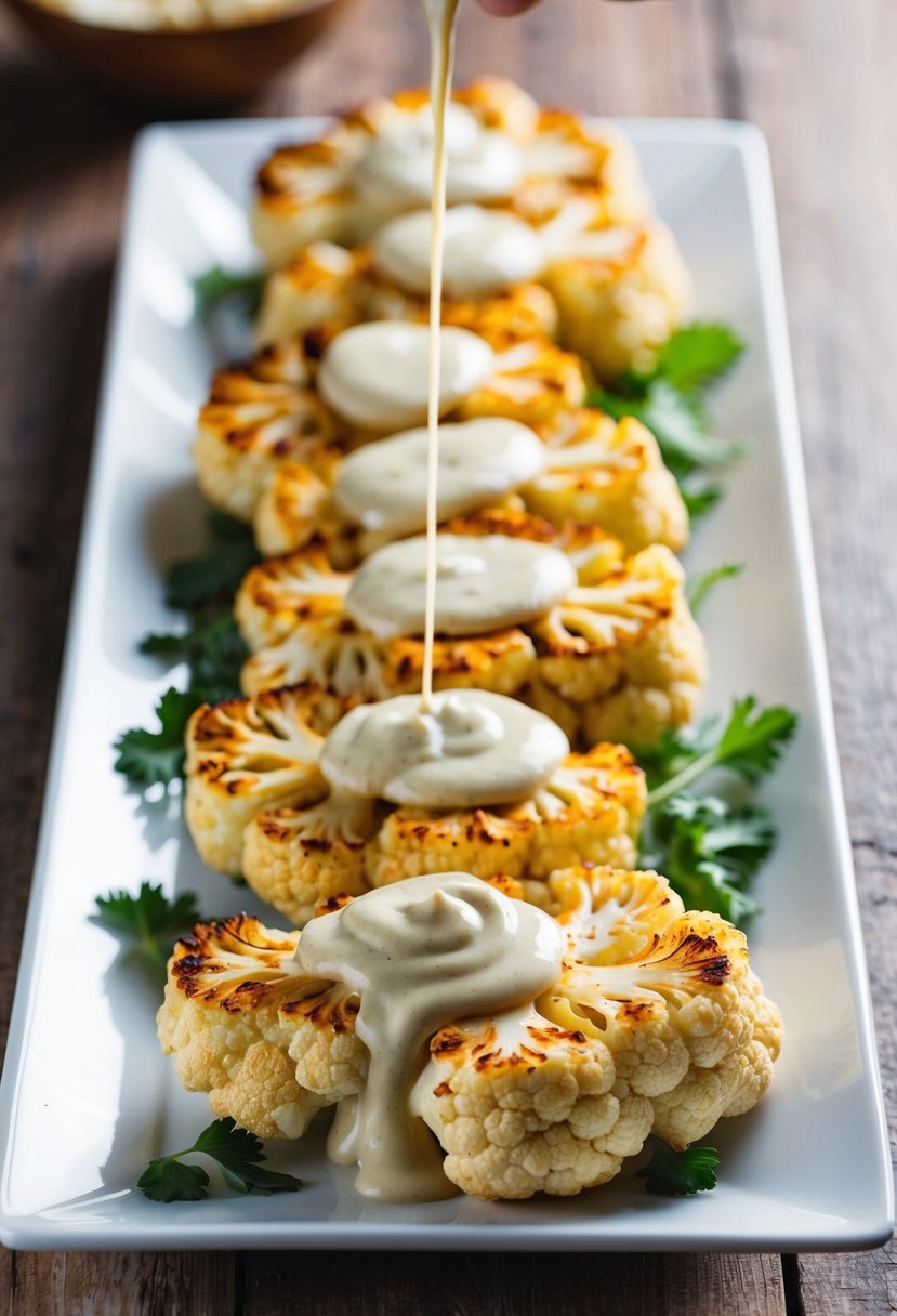 A platter of golden roasted cauliflower steaks drizzled with creamy tahini sauce