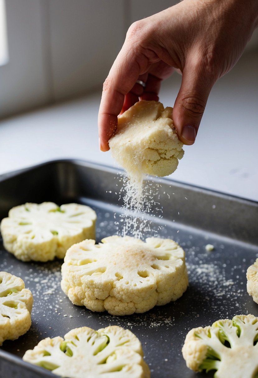 A hand sprinkles parmesan on cauliflower steaks before baking