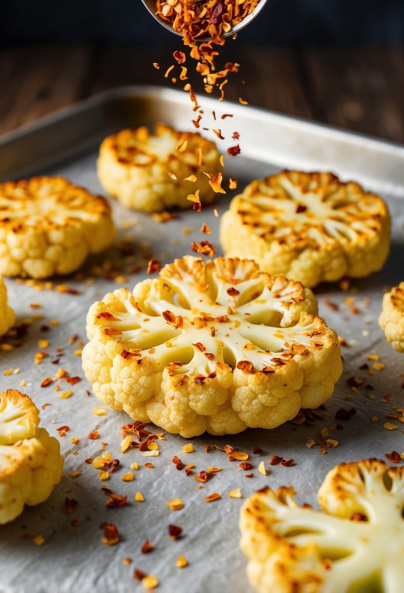 A sprinkle of chili flakes falls onto golden roasted cauliflower steaks