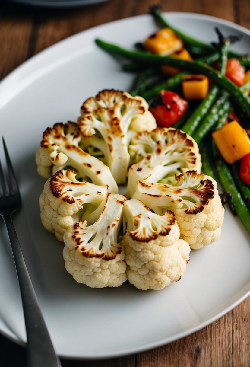 A platter of roasted cauliflower steaks with grilled vegetables on the side