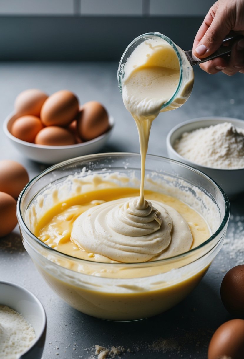 A bowl of pancake batter being mixed with whey, surrounded by ingredients like eggs and flour on a kitchen counter