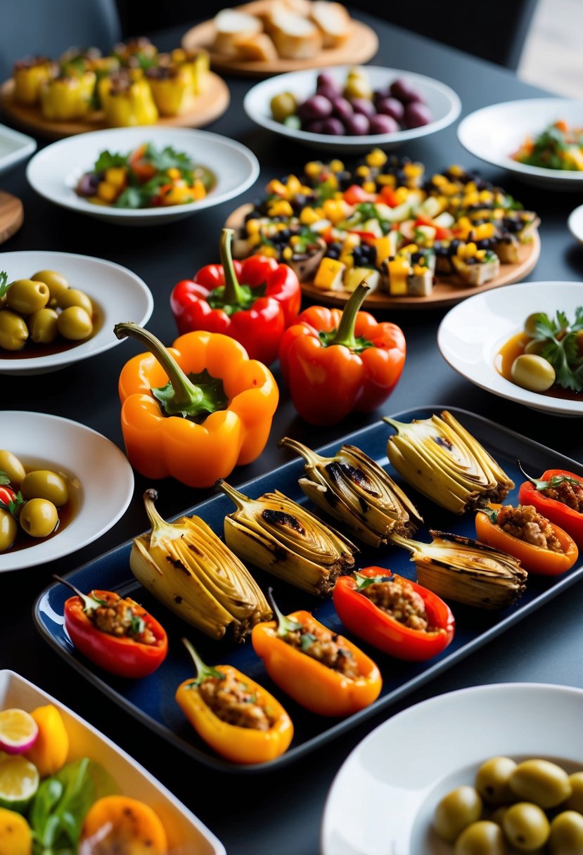 A table spread with an assortment of colorful vegetarian tapas dishes, including stuffed peppers, grilled artichokes, and marinated olives