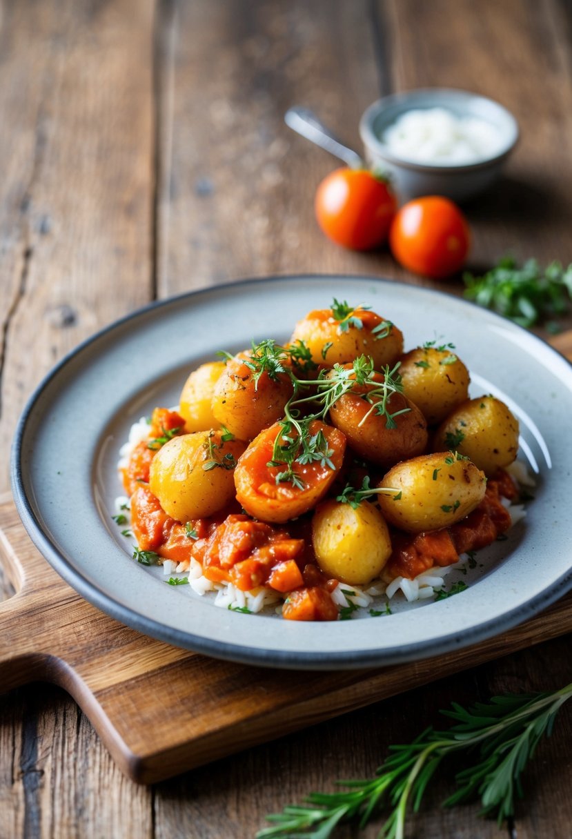 A plate of Patatas Bravas with spicy tomato sauce, garnished with fresh herbs, served on a rustic wooden board