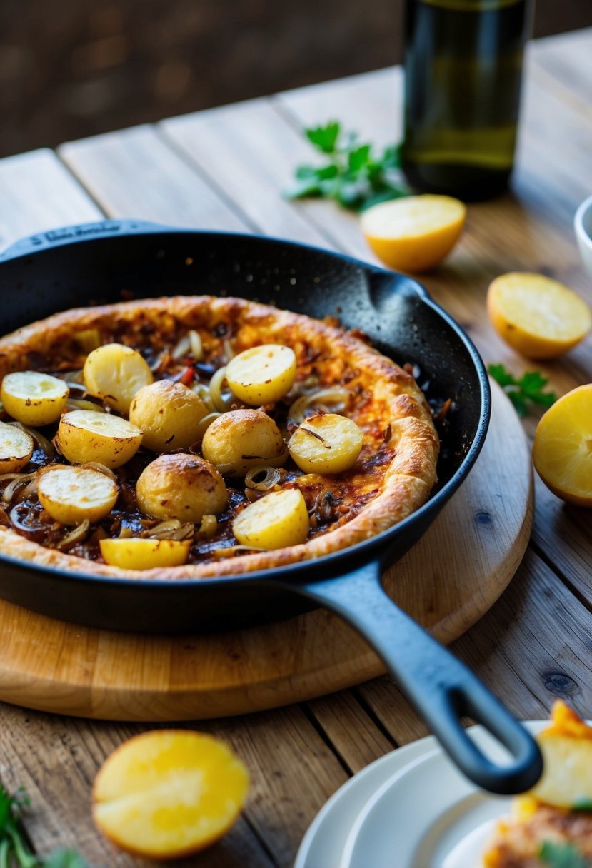 A rustic Spanish tortilla sizzling in a skillet, filled with golden potatoes and caramelized onions, ready to be served as a vegetarian tapas dish