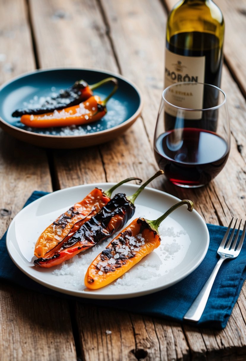 A rustic wooden table with a plate of charred Padrón peppers sprinkled with sea salt, accompanied by a glass of red wine