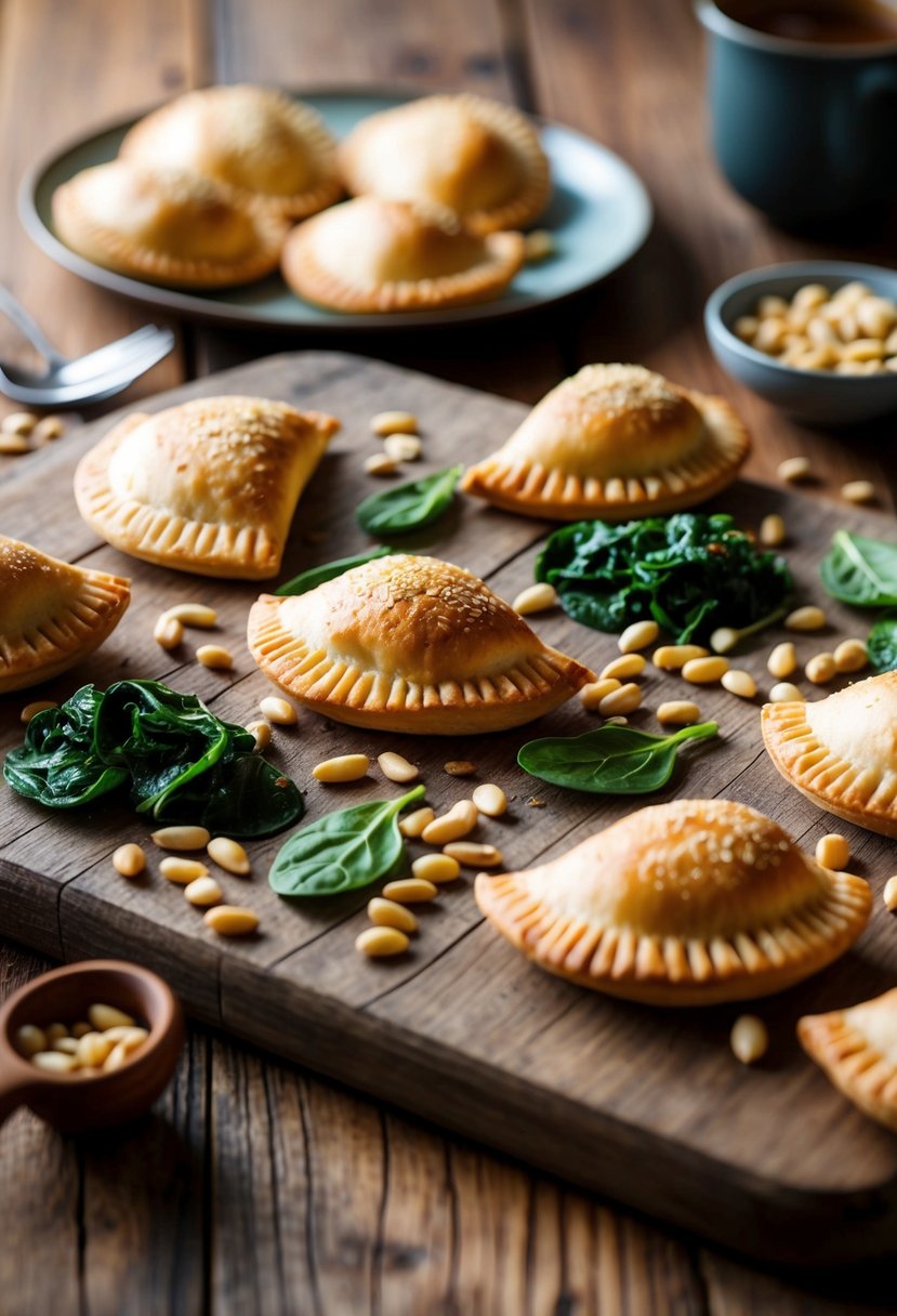 A rustic wooden table with a spread of empanadas, spinach, and pine nuts. A warm and inviting atmosphere with a hint of Spanish flair