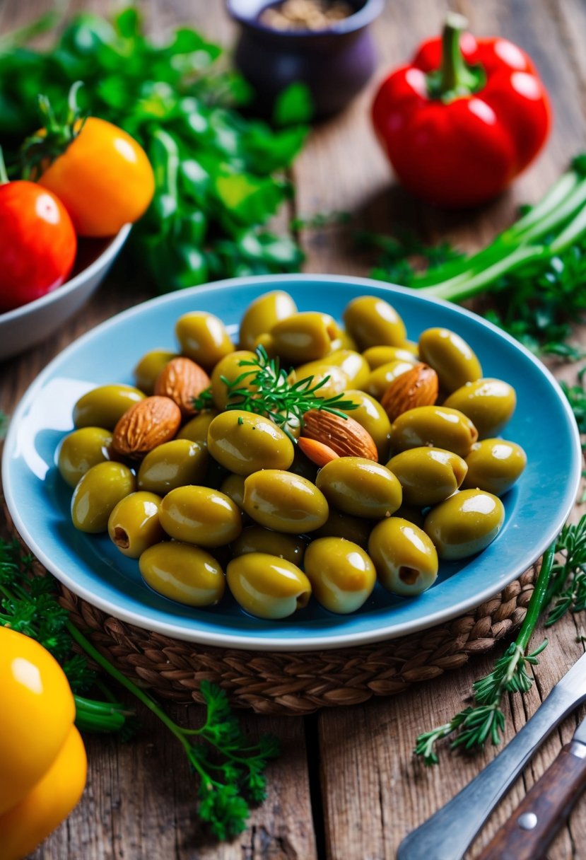 A plate of almond-stuffed olives surrounded by colorful vegetables and herbs, set on a rustic wooden table